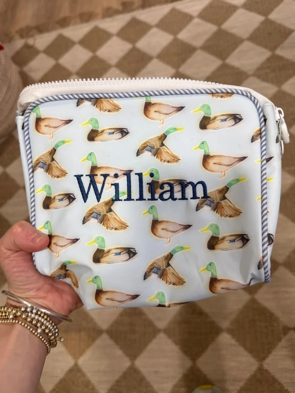 William monogrammed mallard ducks go bag water resistant wipeable embroidery
